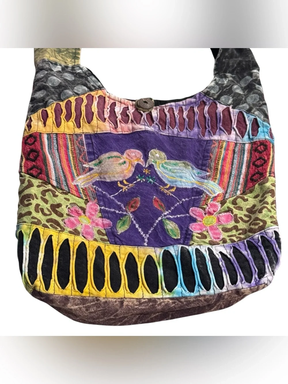Rising International Embroidered Bird Print Hobo Bag Boho Gypsy Hippie